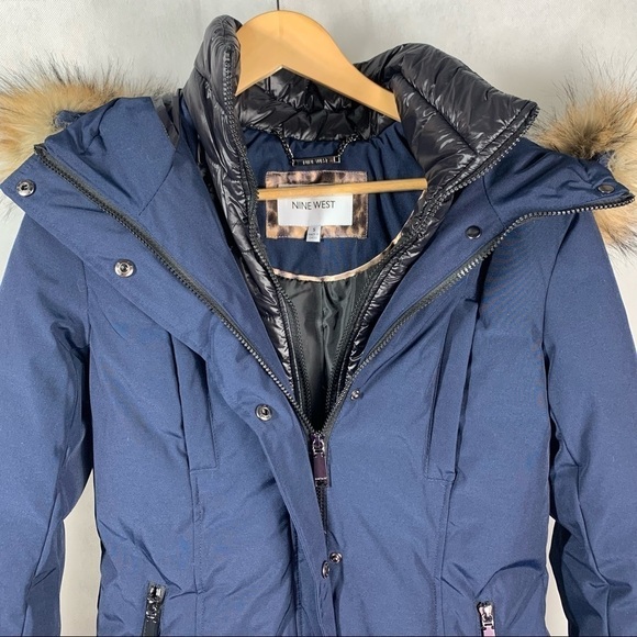 Nine West Jacket Hooded Long Parka Navy Small - Picture 9 of 16